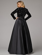 preiswerte SCHWARZ-Ballkleid Abendkleid Elegantes Kleid Hochzeitsgast Geburtstag bodenlang langärmlig V-Ausschnitt Taschensatin mit Pailletten-Tasche