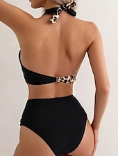 billiga Bikiniset-Damkjol Baddräkter Bikini 2 Delar Cheeky Baddräkt Baklös Semester Strandkläder Leopard Halterneck Ärmfritt Badkläder