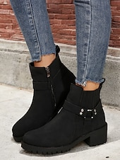 cheap Ankle Boots-Women&#039;s Grey Ankle Boots – Stylish Block Heel with Strap Details, Side Zip, and Rugged Sole for Casual and Outdoor Wear
