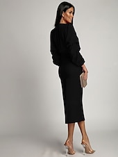 abordables robe noire midi-Robe en maille Robe d&#039;hiver Femme Robe mi-longue Couleur unie Robe chic Bureau Patchwork manche longue Col V Robe Standard Vert militaire Noir Automne Hiver S M L XL XXL