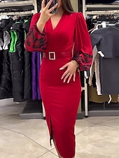 cheap Work Dresses-Women&#039;s Casual Dress Midi Dress Patchwork With Belt Casual V Neck Long Sleeve Red Color