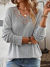 preiswerte Spitzenoberteile-Damen Hemd Bluse Feste Farbe Basic Brautkleider schlicht Langarm V Ausschnitt Normale Oberteile Täglich Spitze Patchwork Grau Herbst Winter
