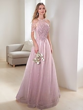 baratos Semi-formal / Cocktail-Vestidos de Formatura A-Line Vestido Vintage Formal Formatura Comprimento de Chão Sem Mangas Gola Alta Tule com Glitter e Franjas