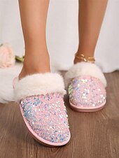 preiswerte Damenslipper &amp; Flip-Flops-Schwarze, mit Pailletten und Fell gefütterte Damen-Hausschuhe mit mehrfarbigem Glitzer und bequemer Sohle – ideal für Luxus und Wärme in Innenräumen