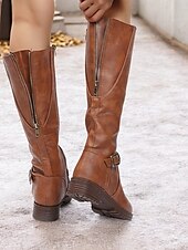 baratos Botas da moda-botas femininas marrons de cano alto com zíper lateral e fivela, salto baixo e design durável – perfeitas para uso casual e ao ar livre