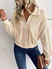 cheap Cardigans &amp; Outerwears-Women&#039;s Winter Coat Sherpa Jacket Outdoor Street Daily Wear Fall Winter Short Coat Regular Fit Thermal Warm Breathable Stylish Casual Jacket Long Sleeve Plain with Pockets Full Zip Dark Navy Army
