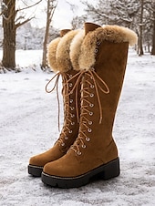 baratos Botas de neve e inverno-botas femininas de camurça sintética com cadarço até o joelho e punhos de pele sintética – calçados de inverno estilosos com sola grossa