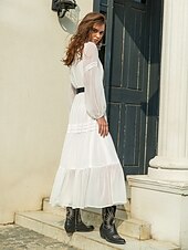 billige Hvite fritidskjoler-kvinners maxi hvit kjole fritidskjole boho kjole ensfarget vintage casual daglig date ferie patchwork lagdelt langermet v-hals kjole normal passform hvit høst vinter s m l xl