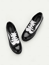 preiswerte Damenschnürschuhe-schwarz-weiße Damen-Brogue-Oxfords mit Plateausohle – Schnürschuhe aus Vintage-Lackleder mit dicker Sohle