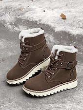 abordables Botas de nieve e invierno-Botas de nieve de invierno para mujer de color marrón con forro de piel sintética: botas cálidas y aislantes para exteriores con detalle de hebilla y suela antideslizante para clima frío