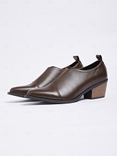 preiswerte Damenhausschuhe und -halbschuhe-braune Slipper aus Kunstleder mit flachem Blockabsatz – bequemes und stylisches Büro-Schuhwerk für Damen