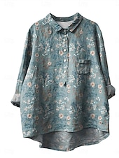 economico Camicie Finte Essenziali-Per donna Camicia Finto cotone e lino Manica Lunga Colletto a Camicia Blu Bianco Verde Primavera &amp; Autunno