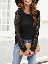 abordables Hauts en dentelle-Blouses Élégantes en Dentelle Top en Dentelle à Oeillets Décontractée Couleur Unie Regular Tops Manches Longues Col en V Dentelle Patchwork Ajustement Normal Quotidien Noir Vin Romantique Petits Tops