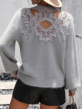 cheap Solid Colors-Women&#039;s Sweater Casual Soft Pure Color Ribbed Crew Neck Lace Patchwork Knitted Long Sleeve Regular Tops Knit Outdoor Daily Weekend Black White Fall Winter