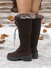 baratos Botas de neve e inverno-botas femininas de camurça sintética com cadarço até o joelho e punhos de pele sintética – calçados de inverno estilosos com sola grossa