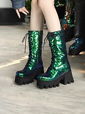 abordables Botas con plataforma-Botas de plataforma con cordones y lentejuelas para mujer: botas de tacón grueso brillantes en verde y azul para fiestas, festivales y cosplay