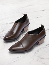 preiswerte Damenhausschuhe und -halbschuhe-braune Slipper aus Kunstleder mit flachem Blockabsatz – bequemes und stylisches Büro-Schuhwerk für Damen