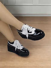 preiswerte Damenschnürschuhe-schwarz-weiße Damen-Brogue-Oxfords mit Plateausohle – Schnürschuhe aus Vintage-Lackleder mit dicker Sohle