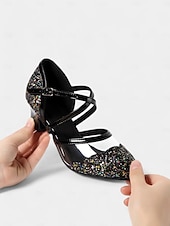 abordables Chaussures de danses latines-chaussures de danse à paillettes noires pour femmes avec brides croisées, semelle en daim souple et talons bas – parfaites pour les événements de salon, latins et de fête