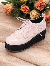 preiswerte Damenschnürschuhe-schwarz-weiße Damen-Brogue-Oxfords mit Plateausohle – Schnürschuhe aus Vintage-Lackleder mit dicker Sohle