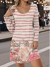 abordables Robes Rayés et Géométriques-Femme Mini robe Robe casual Mini-robe Robe t-shirt Robe d&#039;été Décontractées Vacances Plein Air Casual Standard Floral marinière Col Ras du Cou Rose Claire Automne Hiver