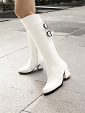 abordables Bottes à la mode-bottes blanches hautes pour femmes avec détail à double boucle – bottes à talon bloc élégantes pour les tenues d&#039;hiver et décontractées