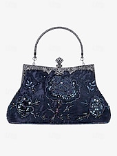 cheap Clutches &amp; Evening Bags-Women&#039;s Vintage Green Velvet Handbag with Beaded Floral Embroidery and Metal Frame – Elegant Evening Bag