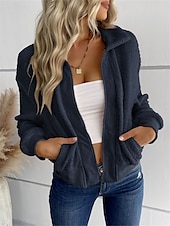 cheap Cardigans &amp; Outerwears-Women&#039;s Winter Coat Sherpa Jacket Outdoor Street Daily Wear Fall Winter Short Coat Regular Fit Thermal Warm Breathable Stylish Casual Jacket Long Sleeve Plain with Pockets Full Zip Dark Navy Army