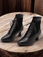 economico anni 1930-stivaletti allacciati in stile vittoriano nero da donna con pannello in pizzo e tacchi a gattino - elegante stile vintage per occasioni formali e casual