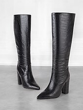 preiswerte Modische Stiefel-burgunderfarbene kniehohe Stiefel mit Krokoprägung für Damen – stylische Stiefel mit spitzer Spitze und Blockabsatz für die Herbst- und Wintermode