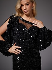 preiswerte SCHWARZ-Meerjungfrau Abendkleid Partykleid Formeller Sweep  Brush Train Lange Ärmel Rundhalsausschnitt Pailletten mit Glitzer Raffung Schlitz
