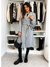 cheap Coats &amp; Trench Coats-Women&#039;s Coat Warm Comfortable Buttons With Belt Elegant Solid Color Casual Daily Double Breasted Lapel Regular Fit Long Sleeve Outerwear Black Red Apricot Winter