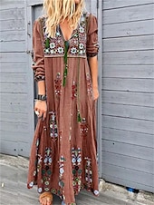 abordables Robes fleuries décontractées-robe longue à fleurs pour femmes, col en V, manches longues, été, printemps