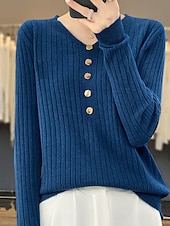 economico Colori solidi-Per donna Pullover Maglione Moda Informale Morbido Tinta unica A coste A V Bottoni Manica lunga Top regolari Maglia Esterno Giornaliero Per uscire Nero Bianco Autunno Inverno