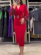cheap Work Dresses-Women&#039;s Casual Dress Midi Dress Patchwork With Belt Casual V Neck Long Sleeve Red Color