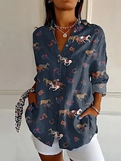 preiswerte Hemden-Damen Hemd Leinen-inspirierte Hemden Knopfleiste Grafik Tiermotiv Vintage Western Ethnisch Langarm Hemdkragen Normale Oberteile Urlaub Party Arbeit Knöpfe Druck Schwarz Gelb Marineblau Khaki Beige