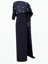 preiswerte BLAU-Säulenabendkleid Elegantes Kleid Formelle Hochzeit Bodenlänge 3/4-Länge Ärmel Juwelenhals Stretch-Crepé mit Strass Glitzerkristallen
