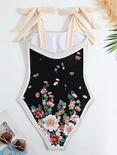 billige Onepiece badedrakter-Dame Badetøy Ett stykke 2 stk Badedrakt Åpen rygg Midjekontroll Høy Midje Tynn Ferie Strand Klær Blomstret Ermeløs Badedrakter