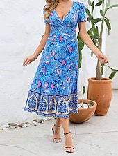 abordables Robes Bohémiennes-Femme Robe mi-longue Robe casual Robe Évasée Robe Trapèze robe boheme Bohême Décontractées du quotidien Standard Floral Manche Courte Col V Rouge Bleu Fuchsia Eté Printemps