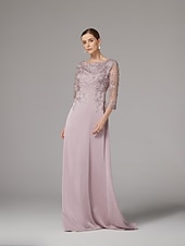 tanie Długość podłogi-Sukienka sheath na plażę Sukienka matki panny młodej Elegancka Dekolt bateau Długość do podłogi Satyna 3/4 długości rękaw z aplikacjami koronkowymi