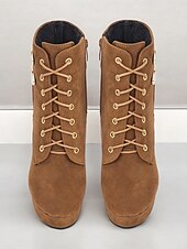 abordables Bottines-bottines en daim marron pour femmes - modèle à lacets avec boucle dorée et détails zippés, chaussures à talons hauts à plateforme pour des looks décontractés et de fête élégants
