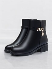 baratos Botas de tornozelo-botins femininos pretos - couro sintético com forro de pelúcia, zíper lateral e salto bloco para moda de inverno e uso casual