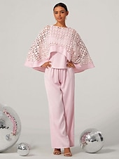 billige Kjoler til nyttårsaften-kvinners todelte cape topp utskjæringer høy midje brede ben bukser lys rosa elegant fest formell vår sommer antrekk s m l xl xxl