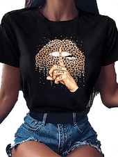 voordelige Kunst &amp; Design t-shirt-Dames T-shirt Luipaard Mond Modieus Modern Casual Korte mouw Strakke ronde hals Normale tops Dagelijks Weekend Zwart Zomer