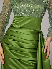 preiswerte GRÜN-Meerjungfrau Abendkleid Elegantes Kleid Formelle Sweep  Brush Train Lange Ärmel Hoher Hals Satin mit Perlen Pailletten