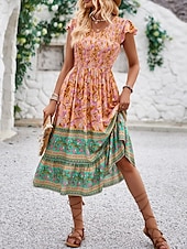 ieftine Rochii Boho-Pentru femei Rochii Midi Rochie casual Rochie leagăn Rochie A line Rochie Boho Casual Zilnic Fit regulat Floral Manșon scurt În V Negru Portocaliu Vară Primăvară