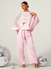 billige Kjoler til nyttårsaften-kvinners todelte cape topp utskjæringer høy midje brede ben bukser lys rosa elegant fest formell vår sommer antrekk s m l xl xxl