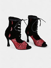 tanie Buty do tańców latynoskich-damskie sznurowane buty do tańca z odkrytymi palcami i wysokim obcasem – czerwony kwiatowy wzór z czarnym wycięciem do tańca latynoskiego i salsy