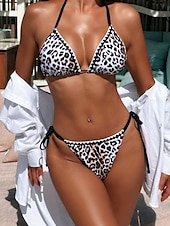 preiswerte Bikini-Sets-Damen Badeanzug Bikinis 2 Stück Cheeky-Bikinihose Bademode Rückenfrei Schlank Urlaub Strandbekleidung Leopard Halfterhals Ärmellos Badeanzüge