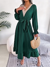 abordables Robe de cocktail-Robe casual Robe Évasée Robe Trapèze Femme Robe mi-longue Patchwork Avec ceinture Sport &amp; Loisir Plein Air Décontractées Col V manche longue Standard Noir Vin Vert S M L XL